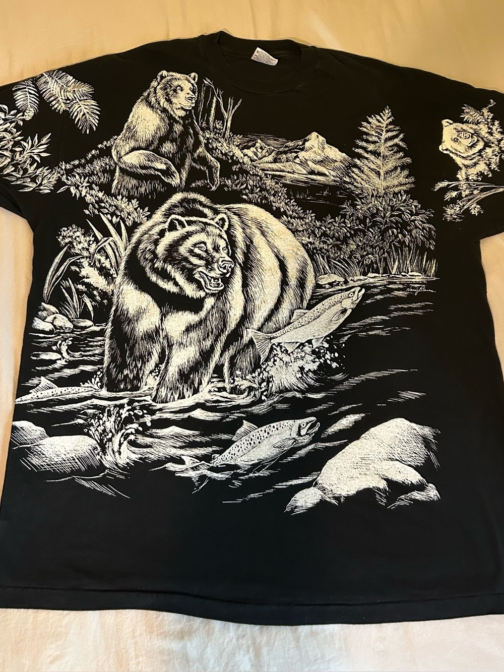 Vintage 90s Grizzly Black & White All-Over-Print Graphic Tee XXL